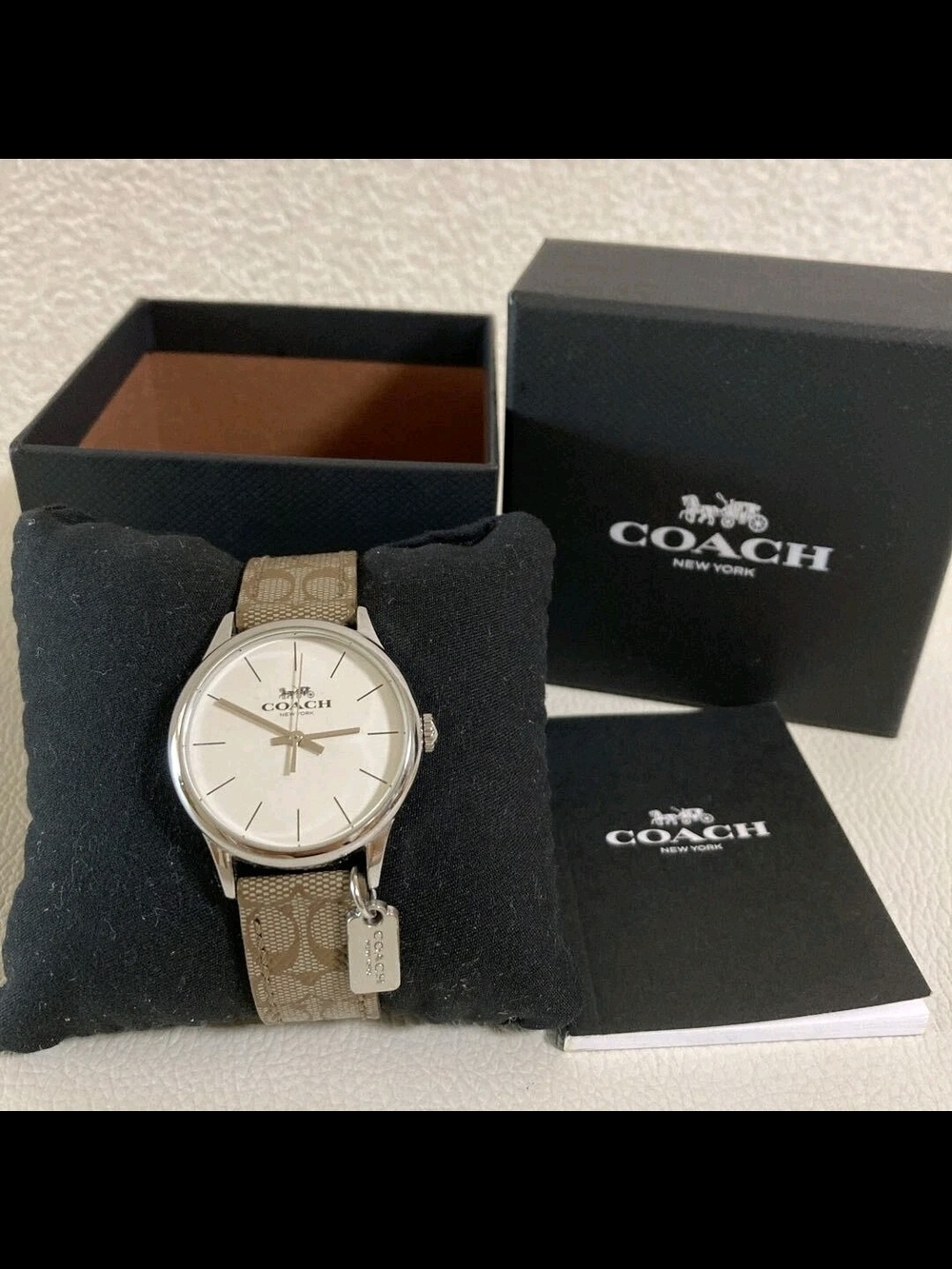 Coach Beige Leather Strap Silver Analog Water-Resistant Watch with Box